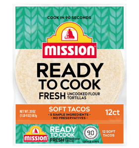 graphic showing Mission Ready to Cook Uncooked Flour Tortillas packaging
