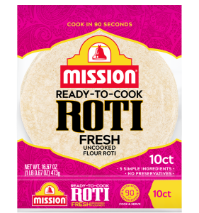 graphic showing Mission Ready to Cook Roti Fresh Uncooked Four Roti packaging